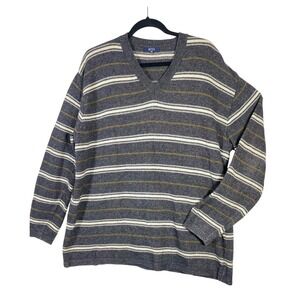 Mudo V-Neck Sweater Men XL Gray Striped Lambswool Blend Long Sleeve Pullover